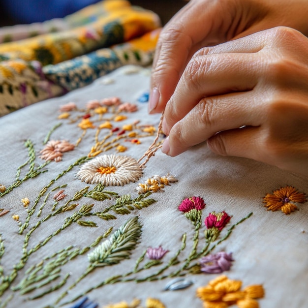 mâini care brodează un model